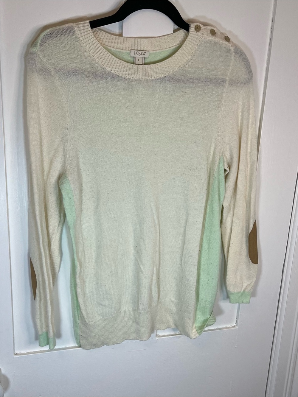 J. Crew Cream Crewneck Sweater with Tan Elbow Patches